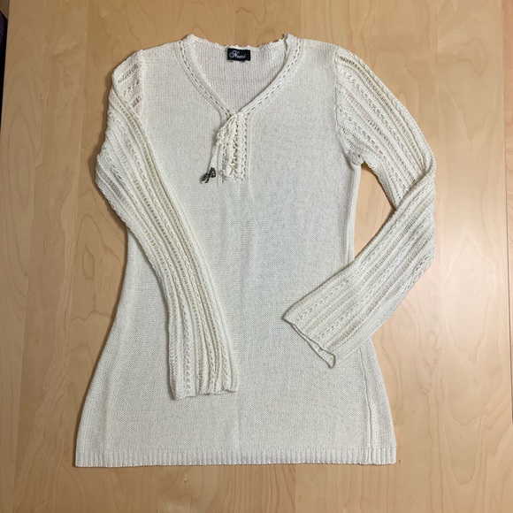 2/$20 Nomi Minimalist Cream Lace Up V-Neck Sweater - Picture 2 of 8